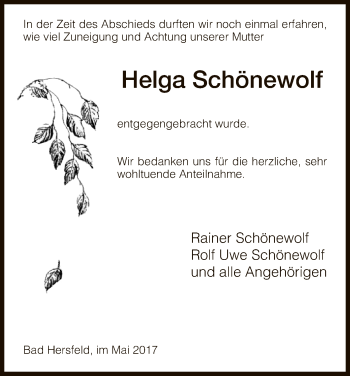 Traueranzeige von Helga Schönewolf von Hersfeld