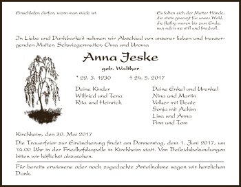 Traueranzeige von Anna Jeske von Hersfeld