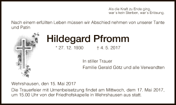 Traueranzeige von Hildegard Pfromm von Hersfeld