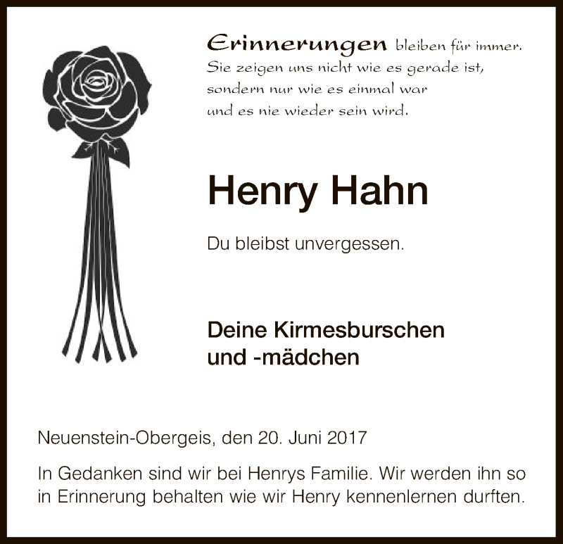  Traueranzeige für Henry Hahn vom 20.06.2017 aus Hersfeld