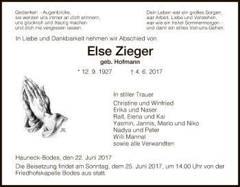 Traueranzeige von Else Ziegler von Hersfeld