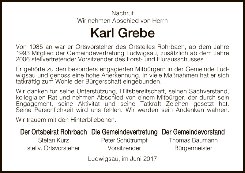  Traueranzeige für Karl Grebe vom 30.06.2017 aus Hersfeld