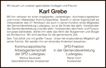 Traueranzeige von Karl Grebe von Hersfeld