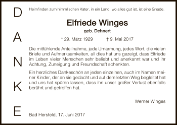 Traueranzeige von Elfriede Winges von Hersfeld