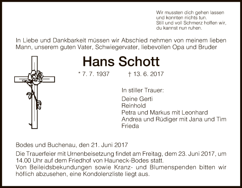 Traueranzeige für Hans Schott vom 21.06.2017 aus Hersfeld