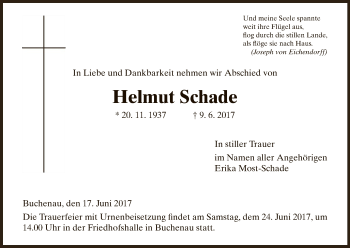 Traueranzeige von Helmut Schade von Hersfeld