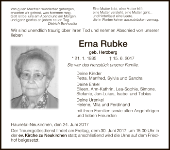 Traueranzeige von Erna Rubke von Hersfeld