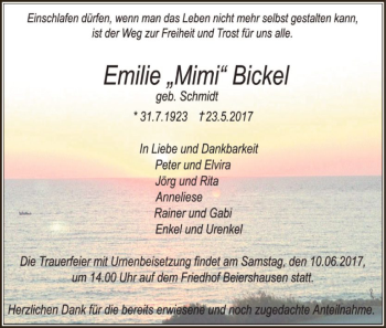 Traueranzeige von Emilie  Bickel von Hersfeld