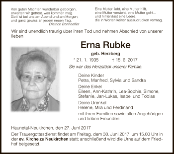 Traueranzeige von Erna Rubke von Hersfeld