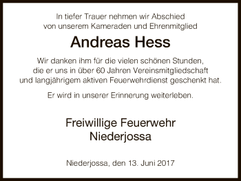 Traueranzeige von Andreas Hess von Hersfeld