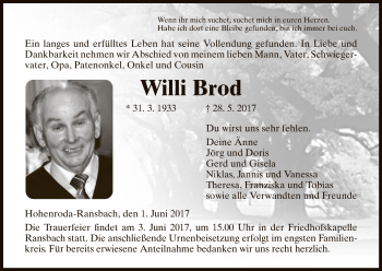 Traueranzeige von Willi Brod von Hersfeld