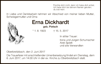 Traueranzeige von Erna Dickhardt von Hersfeld