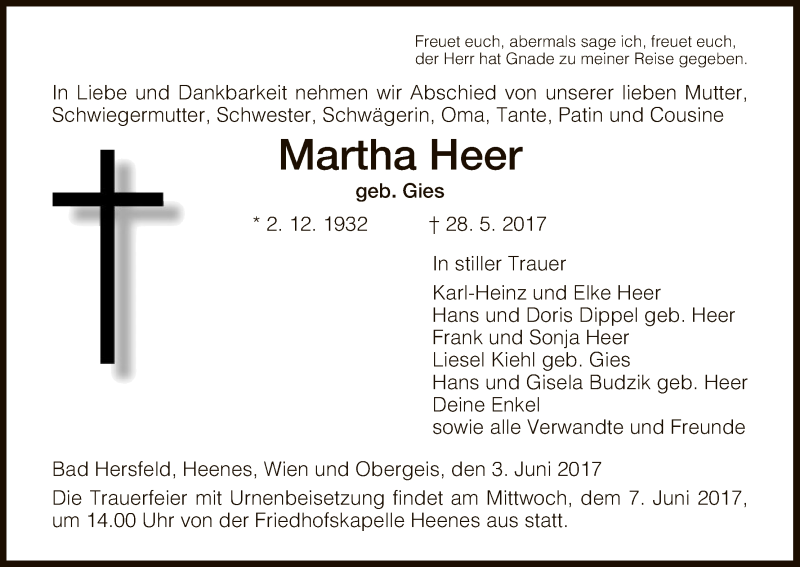  Traueranzeige für Martha Heer vom 03.06.2017 aus Hersfeld