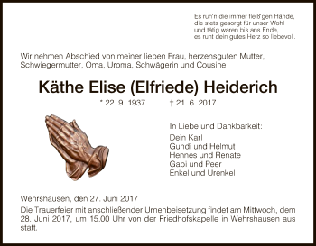 Traueranzeige von Käthe Elise Heiderich von Hersfeld