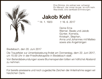 Traueranzeige von Jakob Kehl von Hersfeld