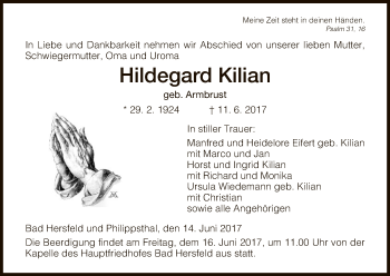 Traueranzeige von Hildegard Kilian von Hersfeld