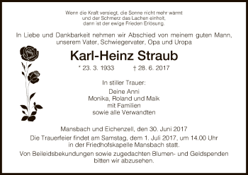 Traueranzeige von Karl-Heinz Straub von Hersfeld