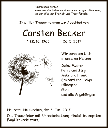 Traueranzeige von Carsten Becker von Hersfeld