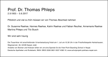 Traueranzeige von Thomas Phleps von Hersfeld