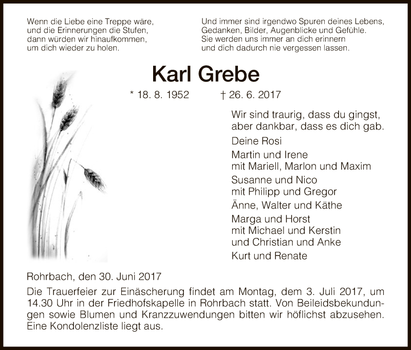  Traueranzeige für Karl Grebe vom 30.06.2017 aus Hersfeld