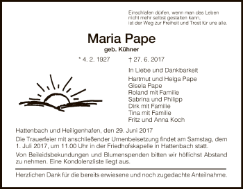 Traueranzeige von Maria Pape von Hersfeld