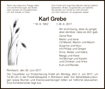 Traueranzeige von Karl Grebe von Hersfeld