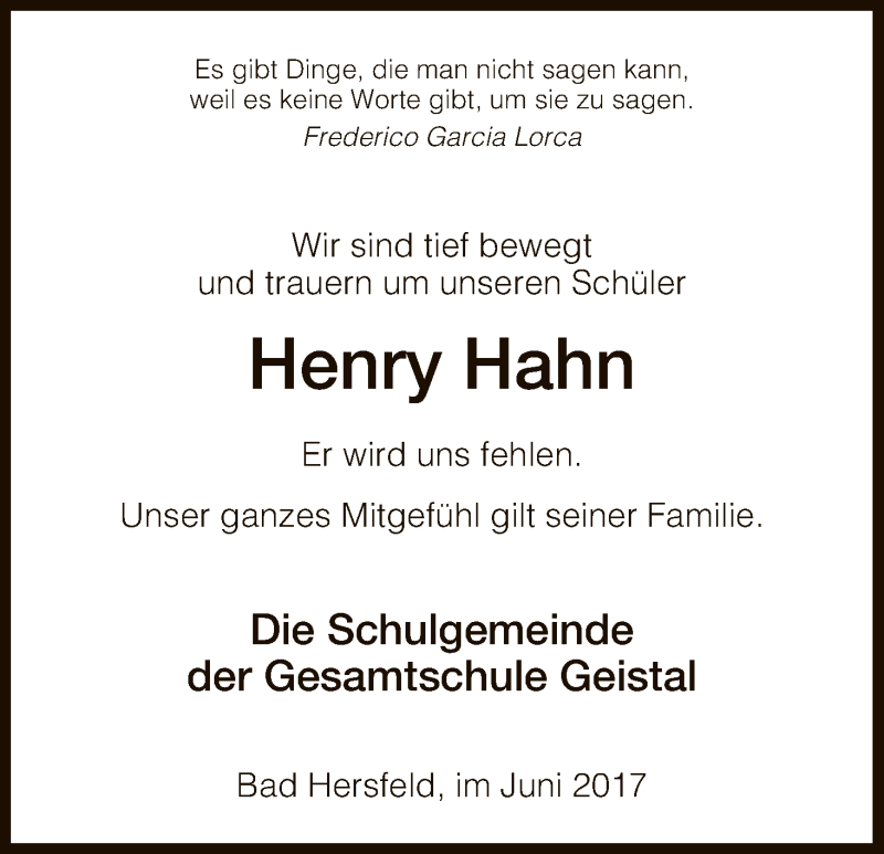  Traueranzeige für Henry Hahn vom 21.06.2017 aus Hersfeld