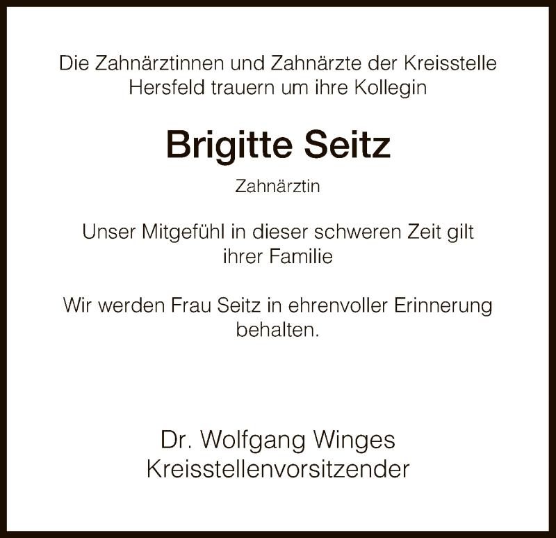 Traueranzeige für Brigitte Seitz vom 04.07.2017 aus Hersfeld