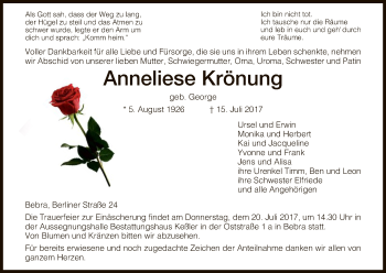 Traueranzeige von Anneliese Krönung von Hersfeld