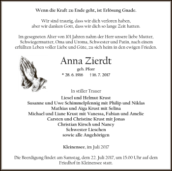 Traueranzeige von Anna Zierdt von Hersfeld