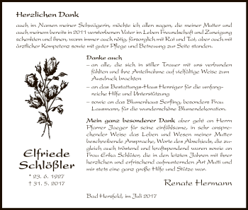 Traueranzeige von Elfriede Schößler von Hersfeld