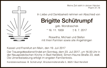 Traueranzeige von Brigitte Schütrumpf von Hersfeld