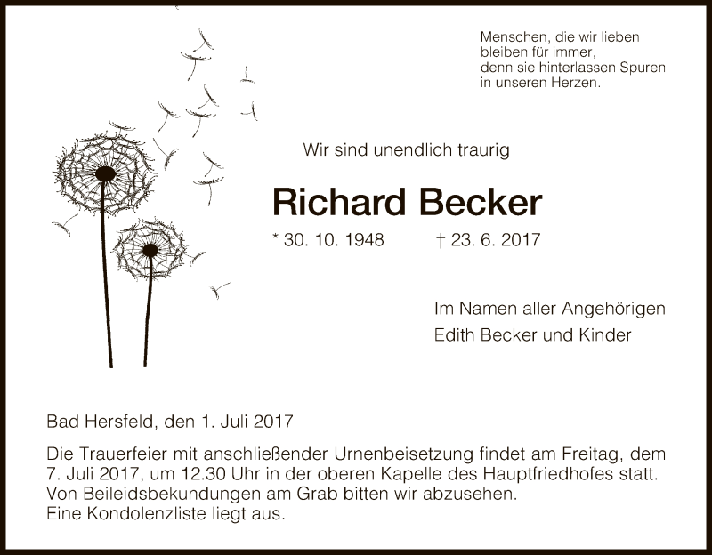  Traueranzeige für Richard Becker vom 01.07.2017 aus Hersfeld