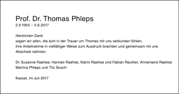 Traueranzeige von Thomas Phleps von Hersfeld