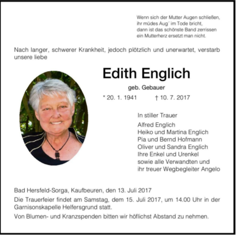  Traueranzeige für Edith Englich vom 13.07.2017 aus Hersfeld