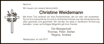 Traueranzeige von Christine Weidemann von Hersfeld