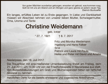 Traueranzeige von Christine Weidemann von Hersfeld