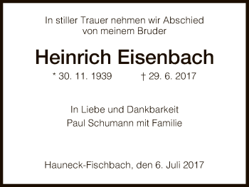 Traueranzeige von Heinrich Eisenbach von Hersfeld