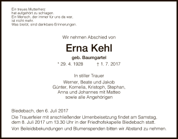 Traueranzeige von Erna Kehl von Hersfeld