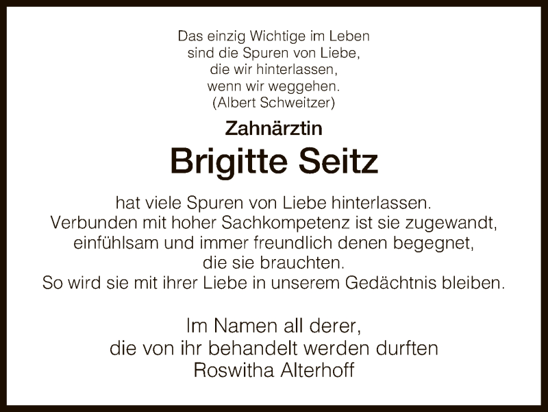  Traueranzeige für Brigitte Seitz vom 05.07.2017 aus Hersfeld
