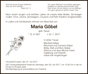 Traueranzeige von Maria Göbel von Hersfeld