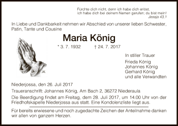 Traueranzeige von Maria König von Hersfeld