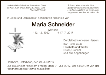 Traueranzeige von Maria Schneider von Hersfeld