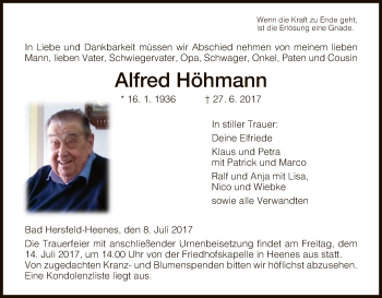 Traueranzeige von Alfred Höhmann von Hersfeld