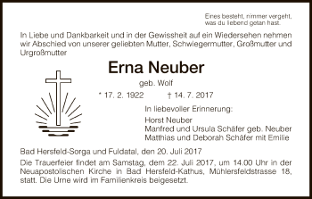 Traueranzeige von Erna Neuber von Hersfeld