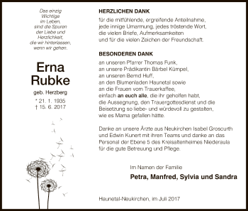 Traueranzeige von Erna Rubke von Hersfeld