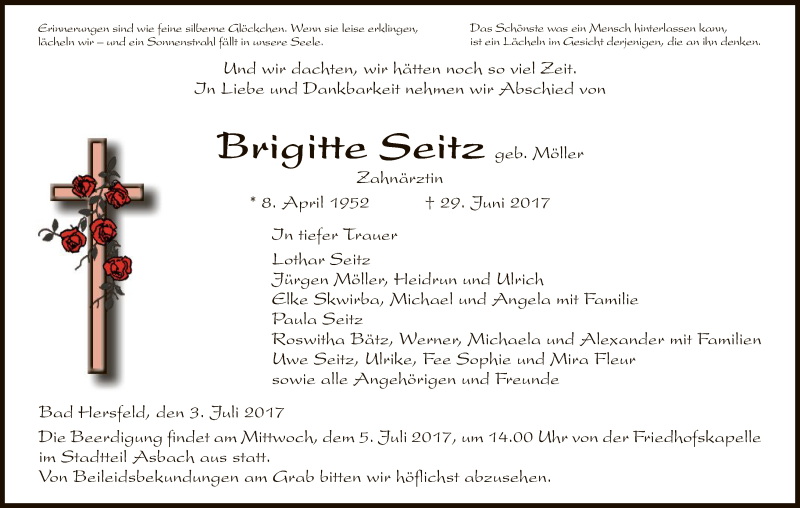  Traueranzeige für Brigitte Seitz vom 03.07.2017 aus Hersfeld