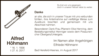 Traueranzeige von Alfred Höhmann von Hersfeld