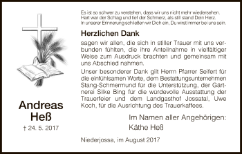 Traueranzeige von Andreas Hess von Hersfeld