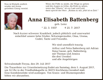 Traueranzeige von Anna Elisabeth Battenberg von Hersfeld